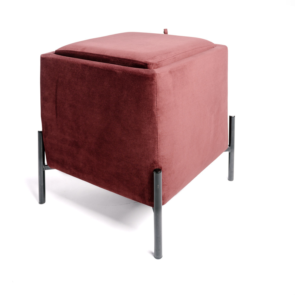 Pouf tabouret coffre de rangement, repose pied, convertible en table d'appoint bordeaux lie de vin 43x43x45cm
