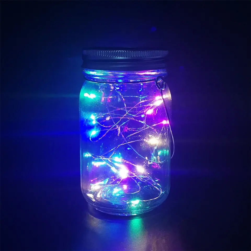 (13x7cm) 20 LED's Solar Laterne Fee im Glas Outdoor Deko Gartenleuchte mit Lichterkette IP65 - Bunt