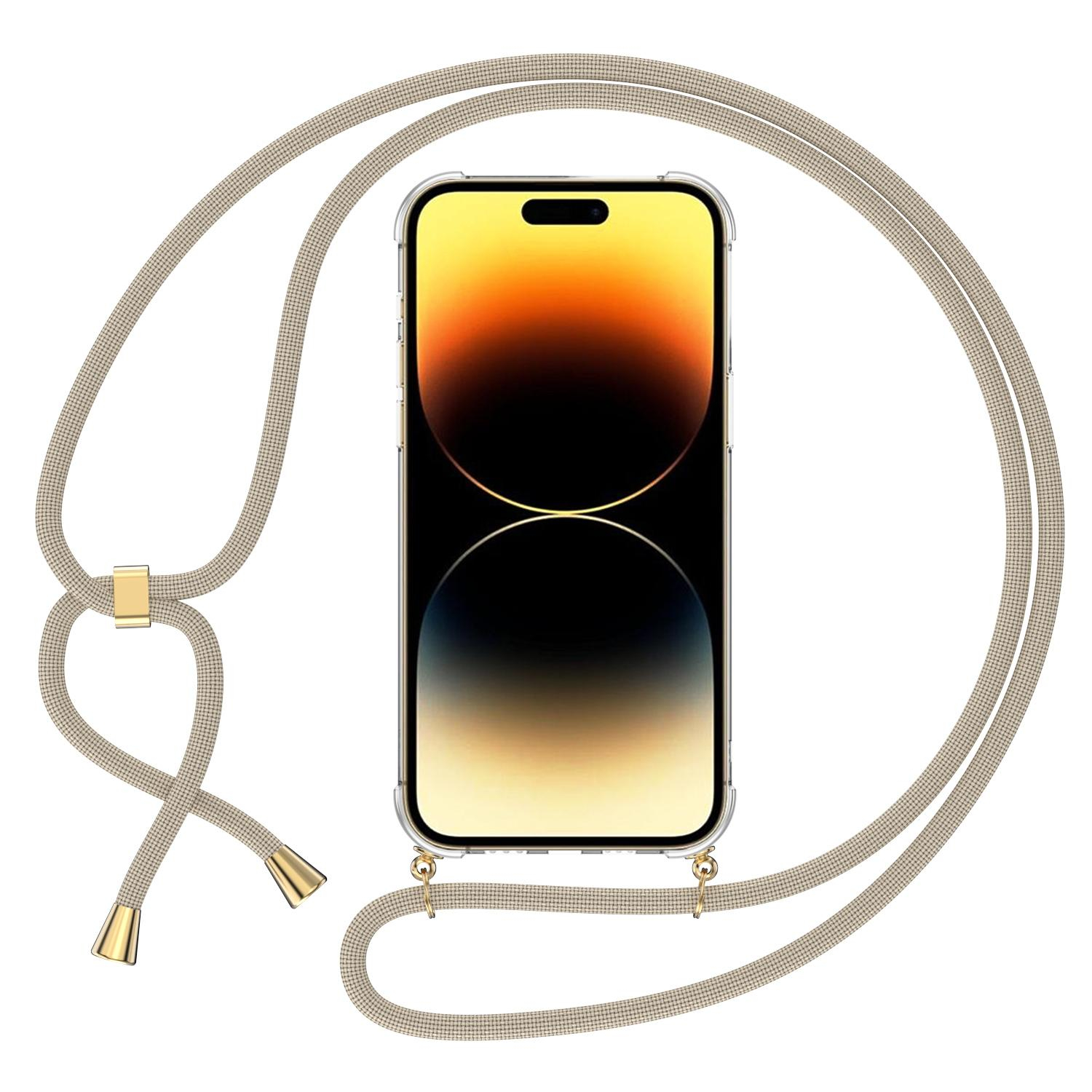 iPhone 14 Pro Max Necklace Gummi Hülle Air Cushion Fallschutz   Handykette (150cm) - Transparent / Beige