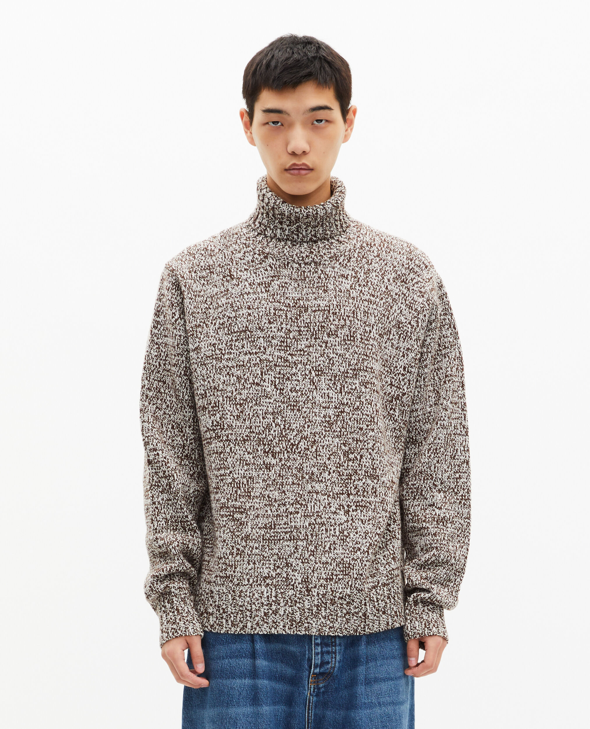 Pull col roulé mouliné beige et blanc