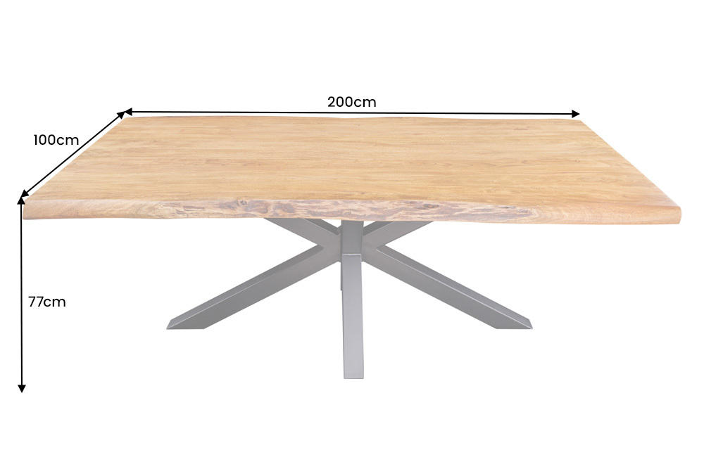Massivholz Esstisch MAMMUT 200cm Akazie schwarz Metall Baumkante 5cm Tischplatte