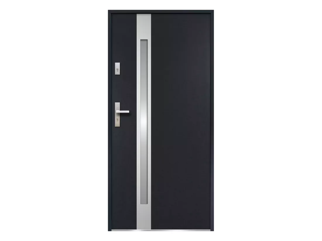 Porte d'entrée en acier vitrée avec inox H207 x L100 cm - verre dépoli - anthracite - poussant droit - BRAGA