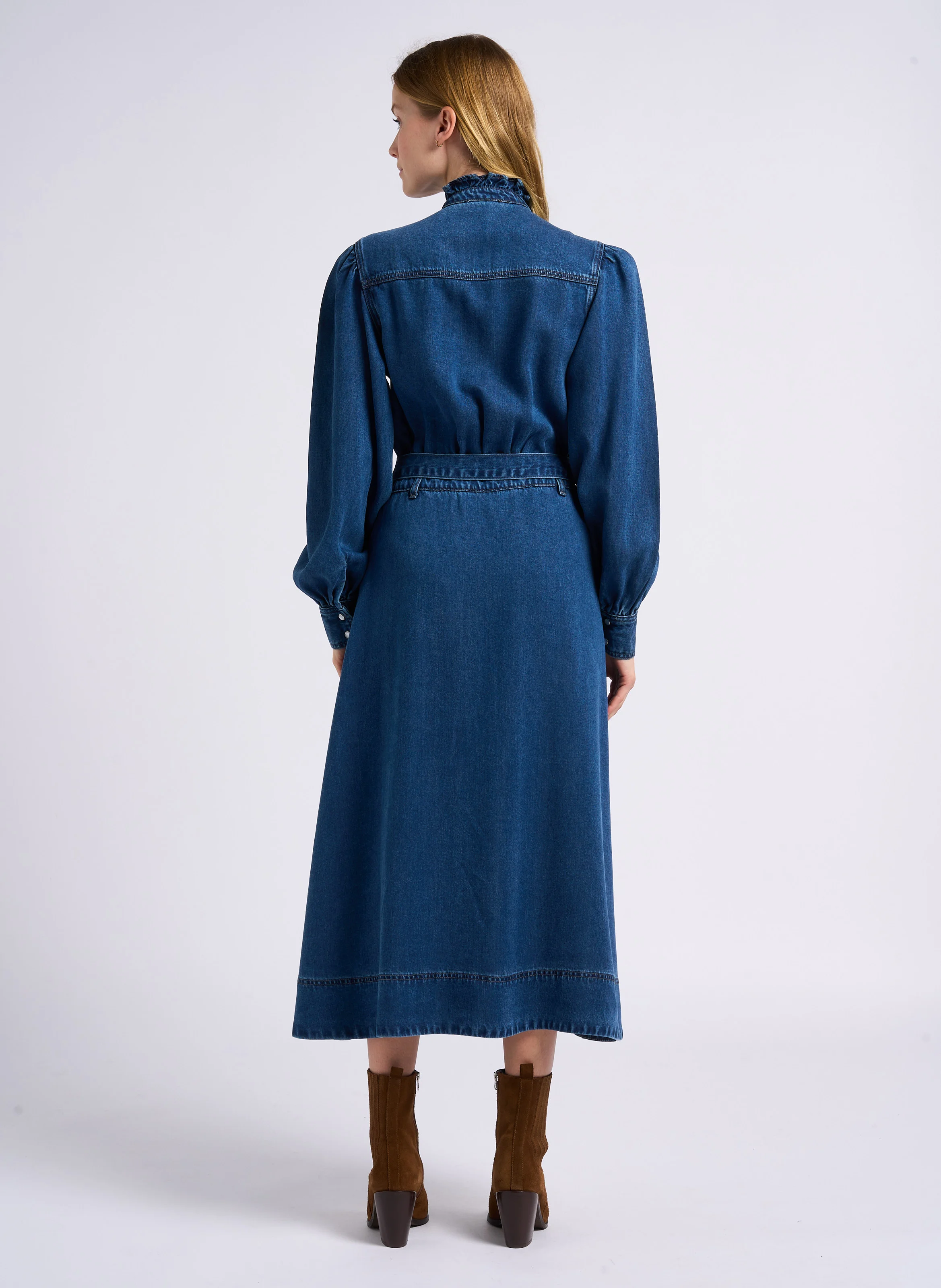 CHONA - Robe longue col victorien en jean | Bleu
