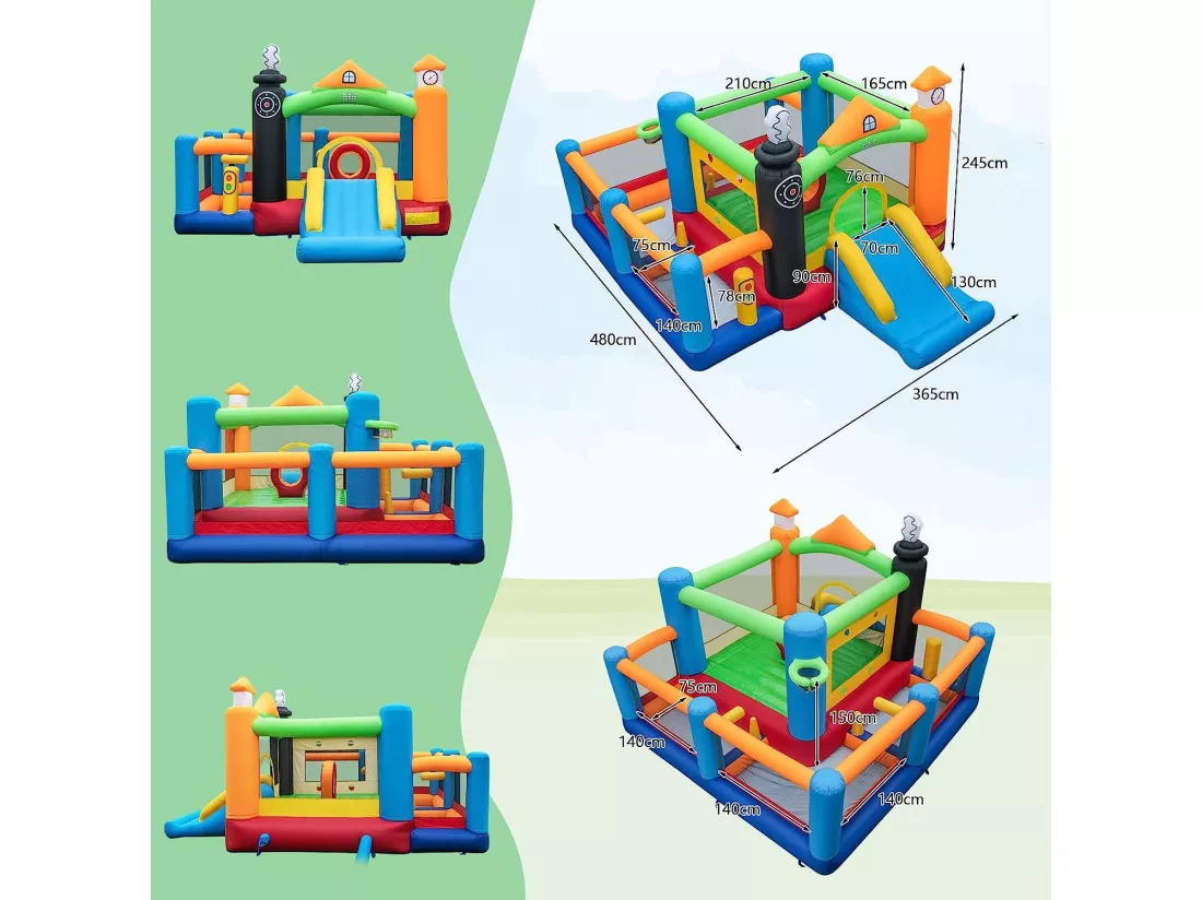 5 en 1 Château Gonflable avec Toboggan, Aire de Jeux Gonflable avec Thème de Train, 3 Fosses à Balles, Panier de Basketball, 50 Balles Colorées (sans souffleur)
