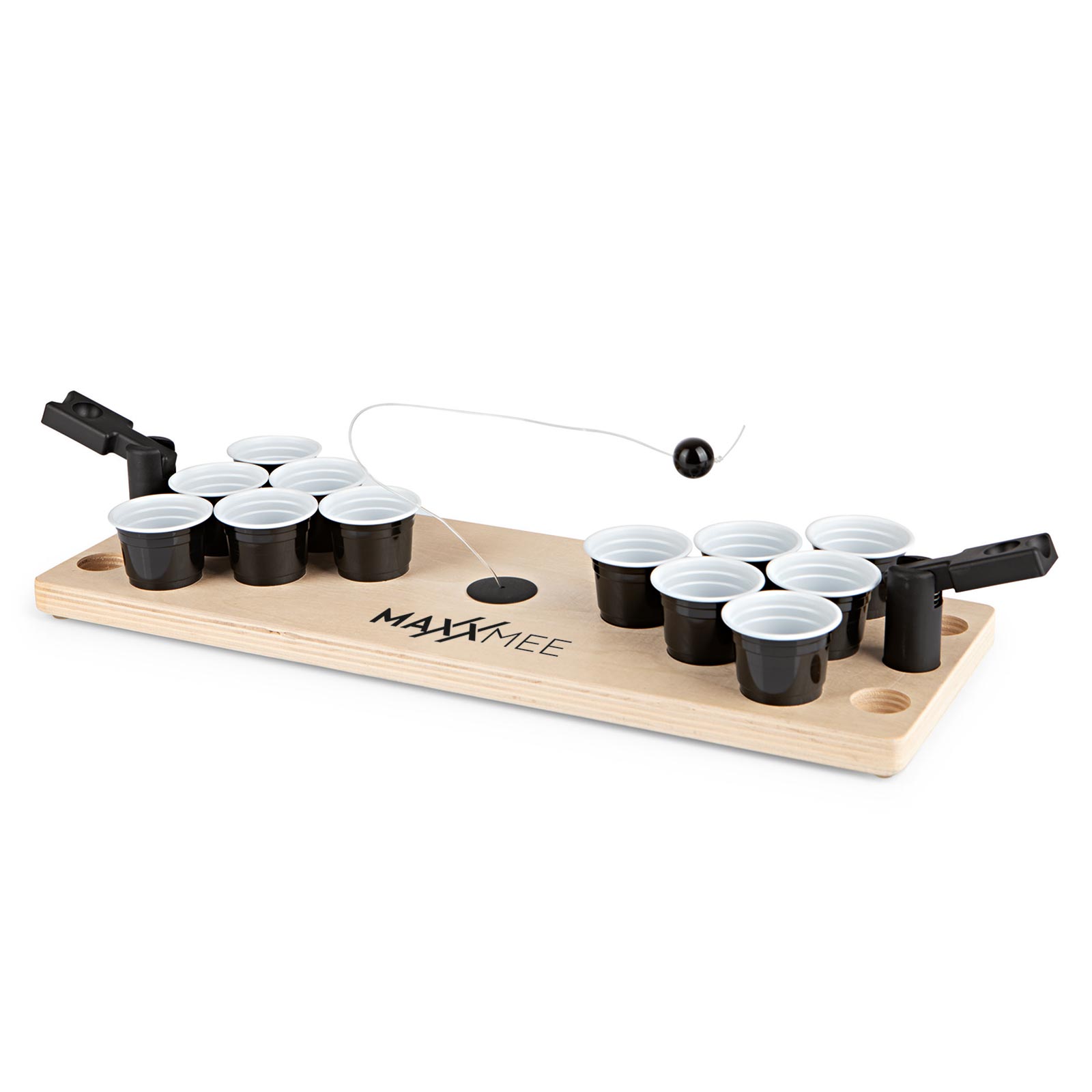 MAXXMEE Tischspiel Bier Pong - holzfarben-schwarz - Holzbrett - Ball mit Seil - 24 Trinkbecher