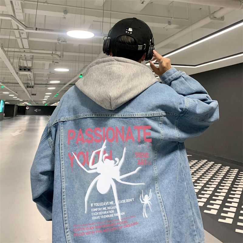 Bay Go Mall - Gewassen denimjack met capuchon en spinnenprint