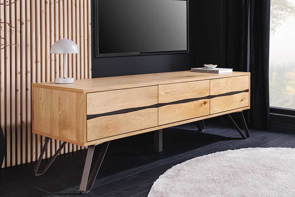 Massives TV-Lowboard LIVING EDGE 160cm natur Eichenholz Baumkante mit Hairpin Legs