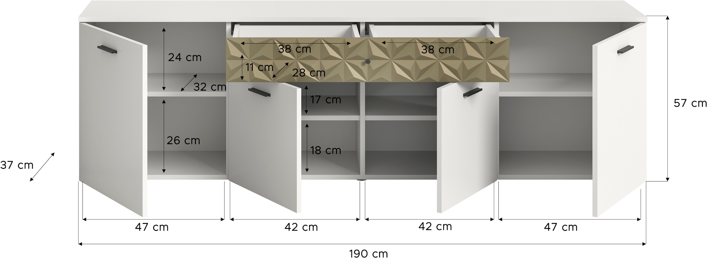 INOSIGN Lowboard »Vicenza, Breite 190cm, Ornamentabsetzung, 4 Türen, 1 Schubkasten« 8 Fächer, Metallgriffe, TV-Schrank, Fernsehschrank, Mediaboard