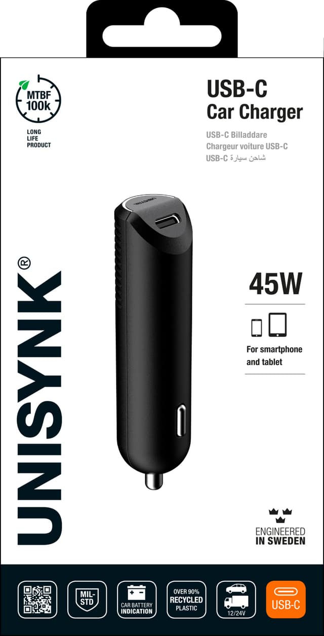 Unisynk 45W USB-C biloplader (sort)