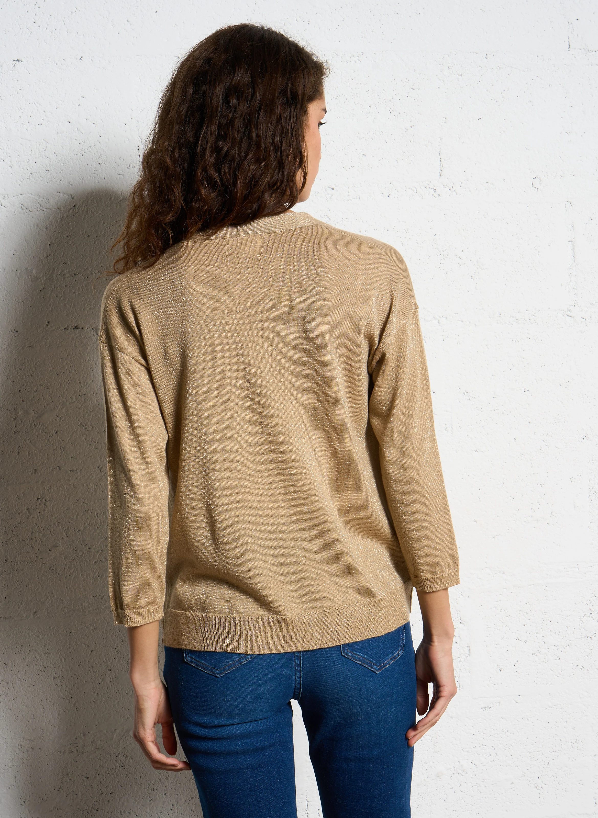 LILOU - Gilet ouvert avec fils métallisés en maille | Beige
