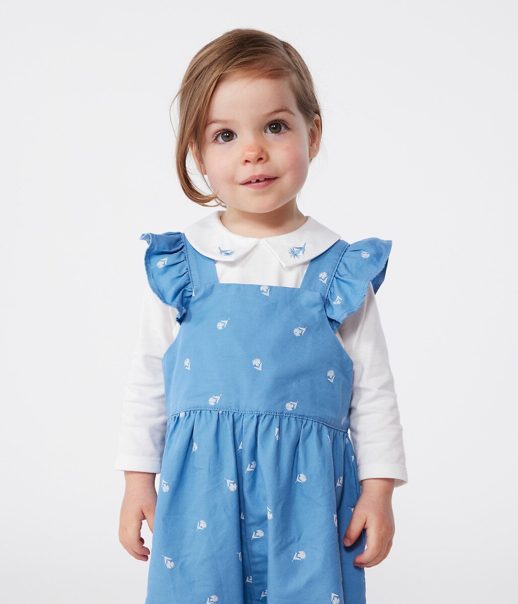 PETIT BATEAU<br>Jardineiras compridas, flores bordadas, algodão