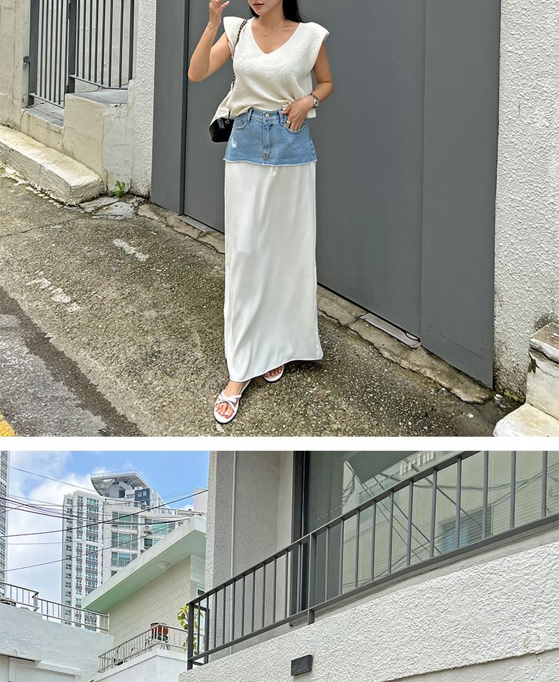 Jesong - Maxi-kokerrok met hoge taille en distressed gewassen denim panelen
