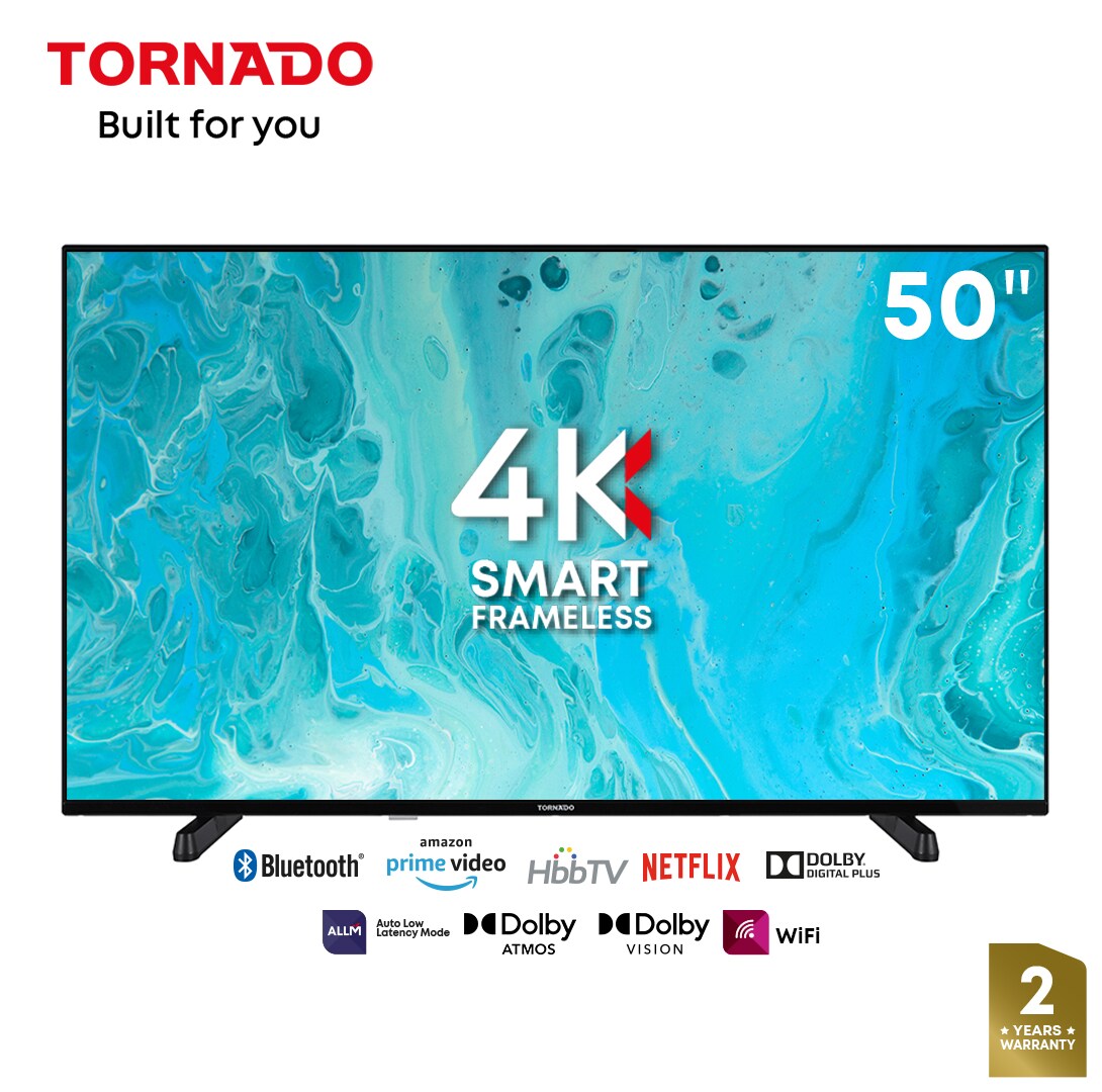 Tornado LINUX Smart TV 50 Zoll 4K Ultra HD, Rahmenlos, mit integriertem Receiver