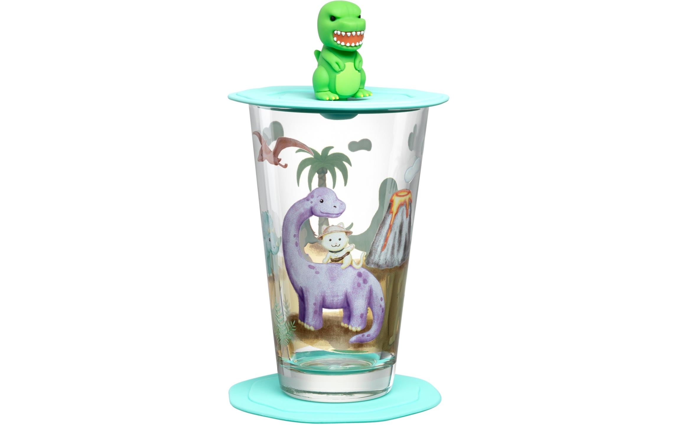 Kindertrinkglas Avventura 300 ml, 3-teilig, DinosaurierTrinkglas für Kinder mit Deckel und Untersetzer