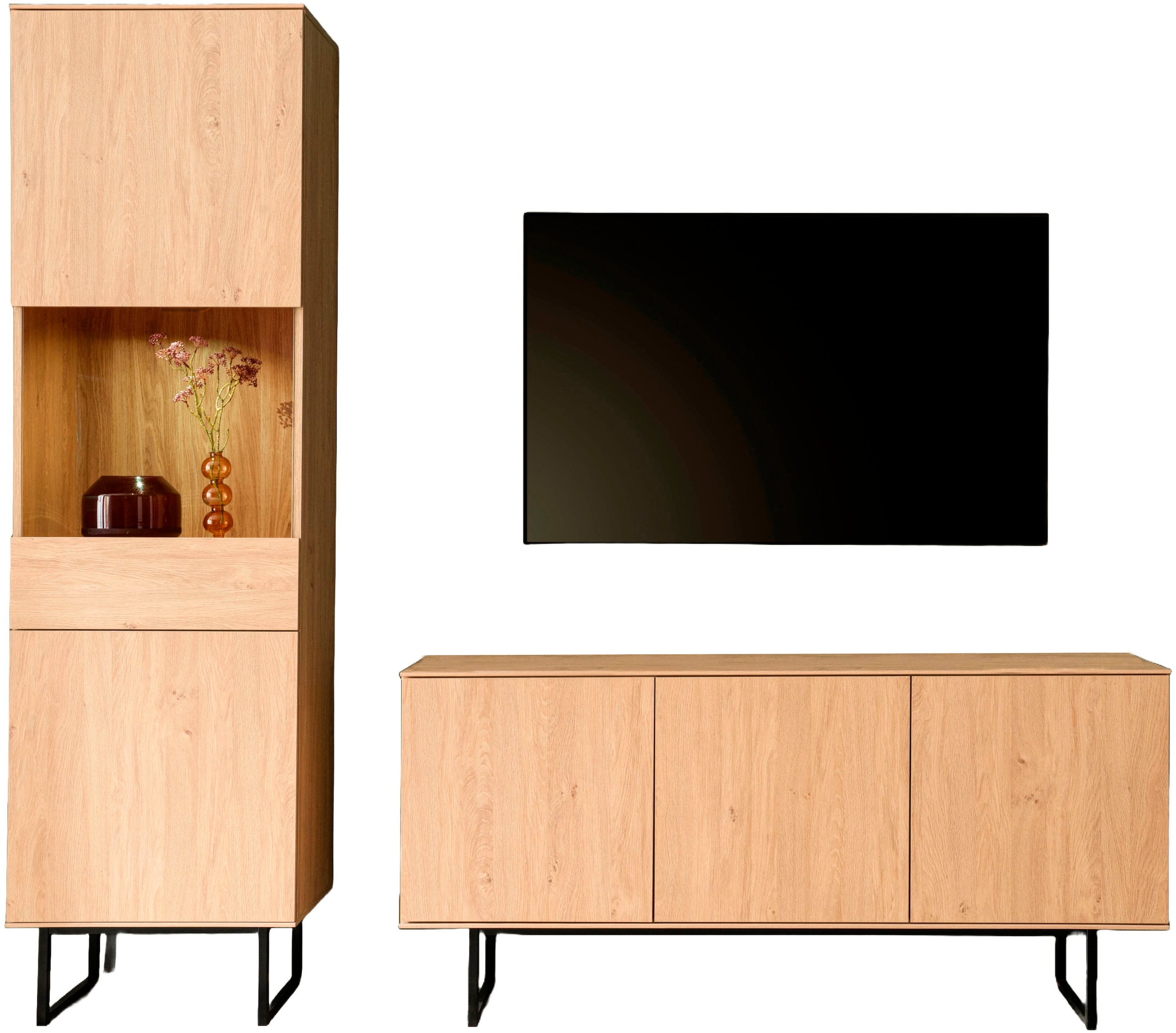 Home affaire Wohnwand »Lund, moderne Anbauwand, Wohnzimmer-Set in Stone Oak« 2 Stk. tlg.