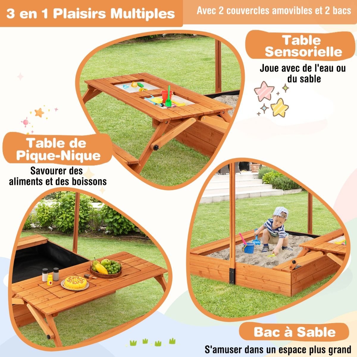 Bac à Sable en Bois pour Enfants avec Couvercle Aire de Jeux avec Table Sensorielle Pliable & Banc Parasol Ajustable pour 3+ Ans Naturel - Lidl-Manfred