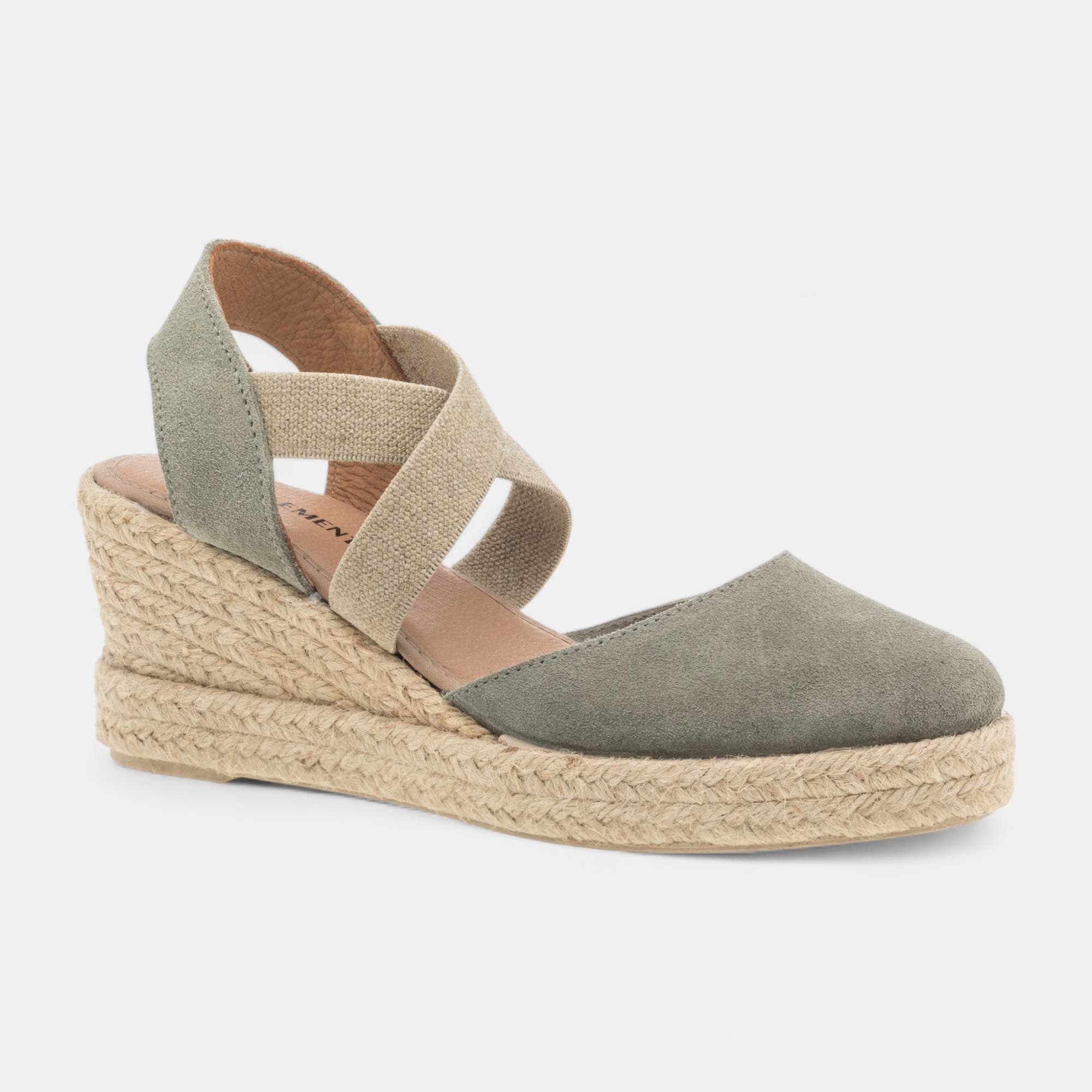 Espadrilles à talon compensé Femme en cuir kaki