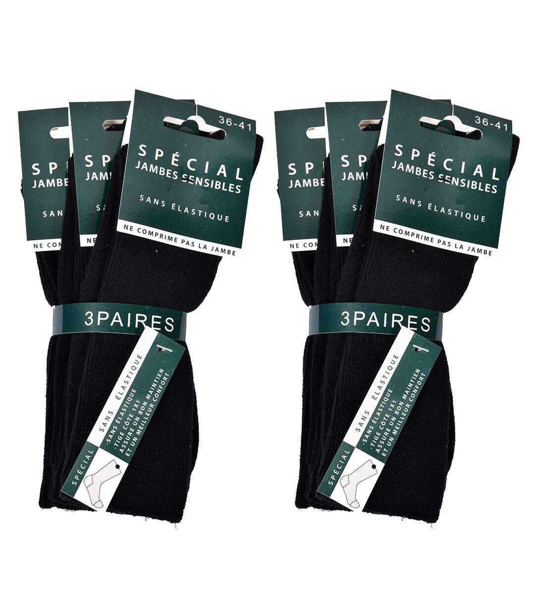 Chaussettes sans élastique femme Spécial Jambes sensibles Pack de 6 Paires Noires 0214