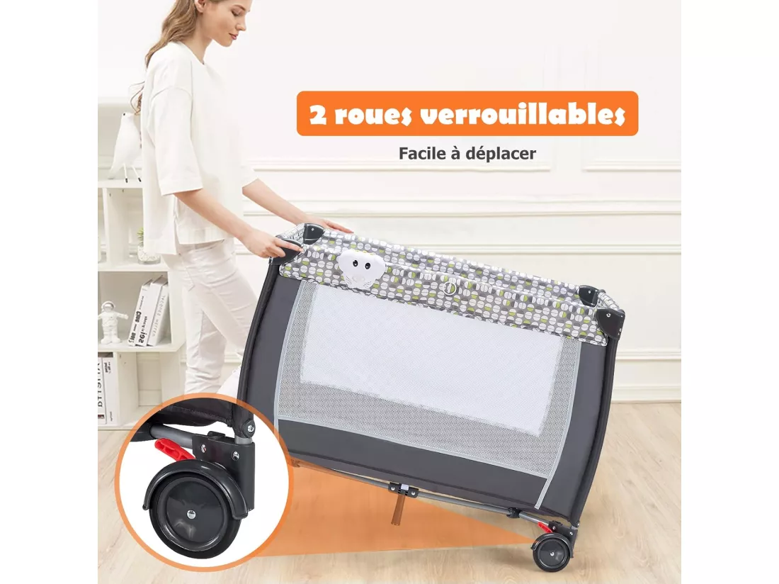 Lit Parapluie Bébé Pliant 4 en 1 avec Matelas,Filet Amovible Réglable,Table à Langer,Sac de Transport Roues Verrouillables