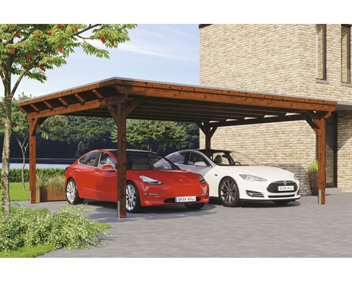 Konsta dubbele carport met aluminium dakpanelen inclusief H-ankers, 618x500 cm, walnoot afwerking