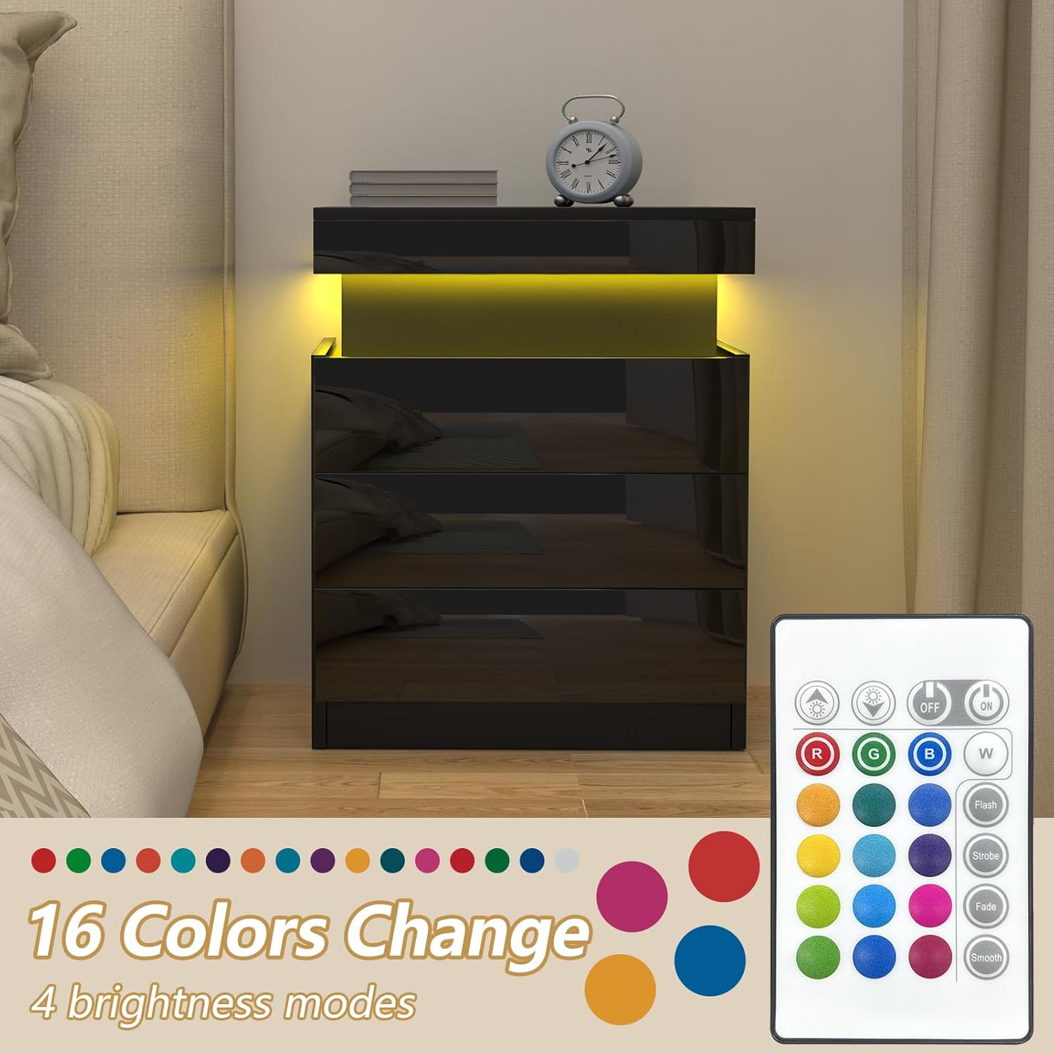 Nachttisch Schwarz 2er Set, Nachtschrank mit Led Licht und Steckdose, Nachtkommode mit 3 Schubladen und Versteckte Schiebeschränke für Wohnzimmer, Schlafzimmer (45x40x67cm)