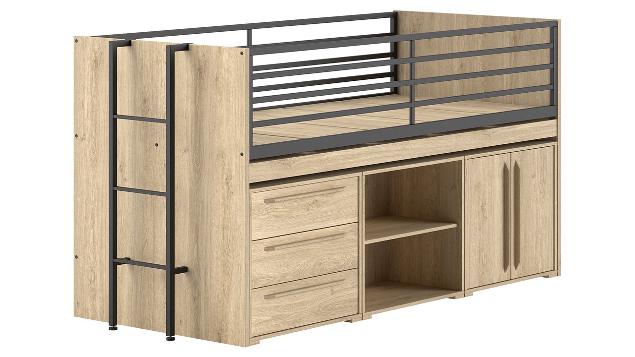 Halfhoogslaper Sam met boekenkast, commode 2 deuren en commode 3 laden eik