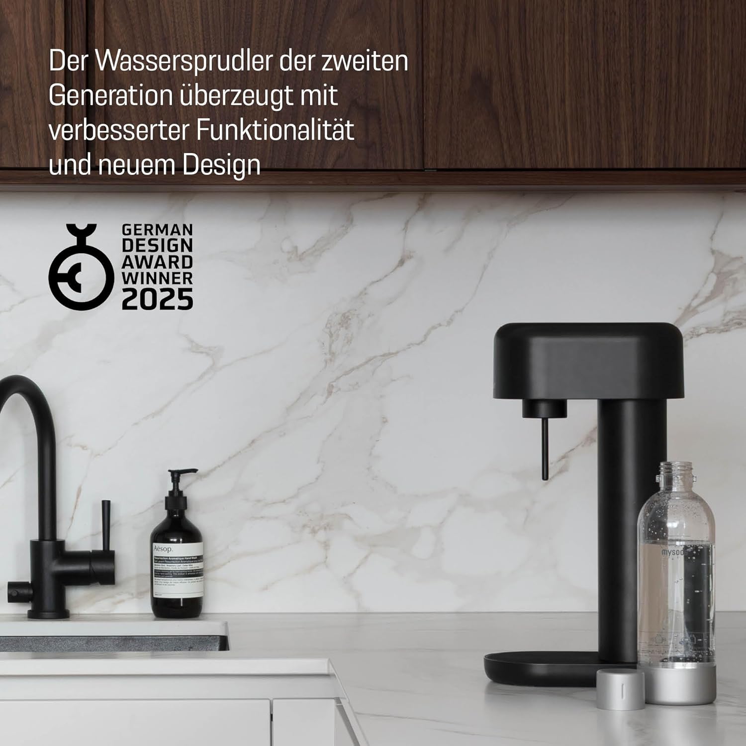 Mysoda: Stilvoller Ruby 2 Wassersprudler aus robustem Aluminium (ohne CO2-Zylinder) mit hochwertiger 1-Liter-Wasserflasche in Premiumdesign - Ganz Schwarz