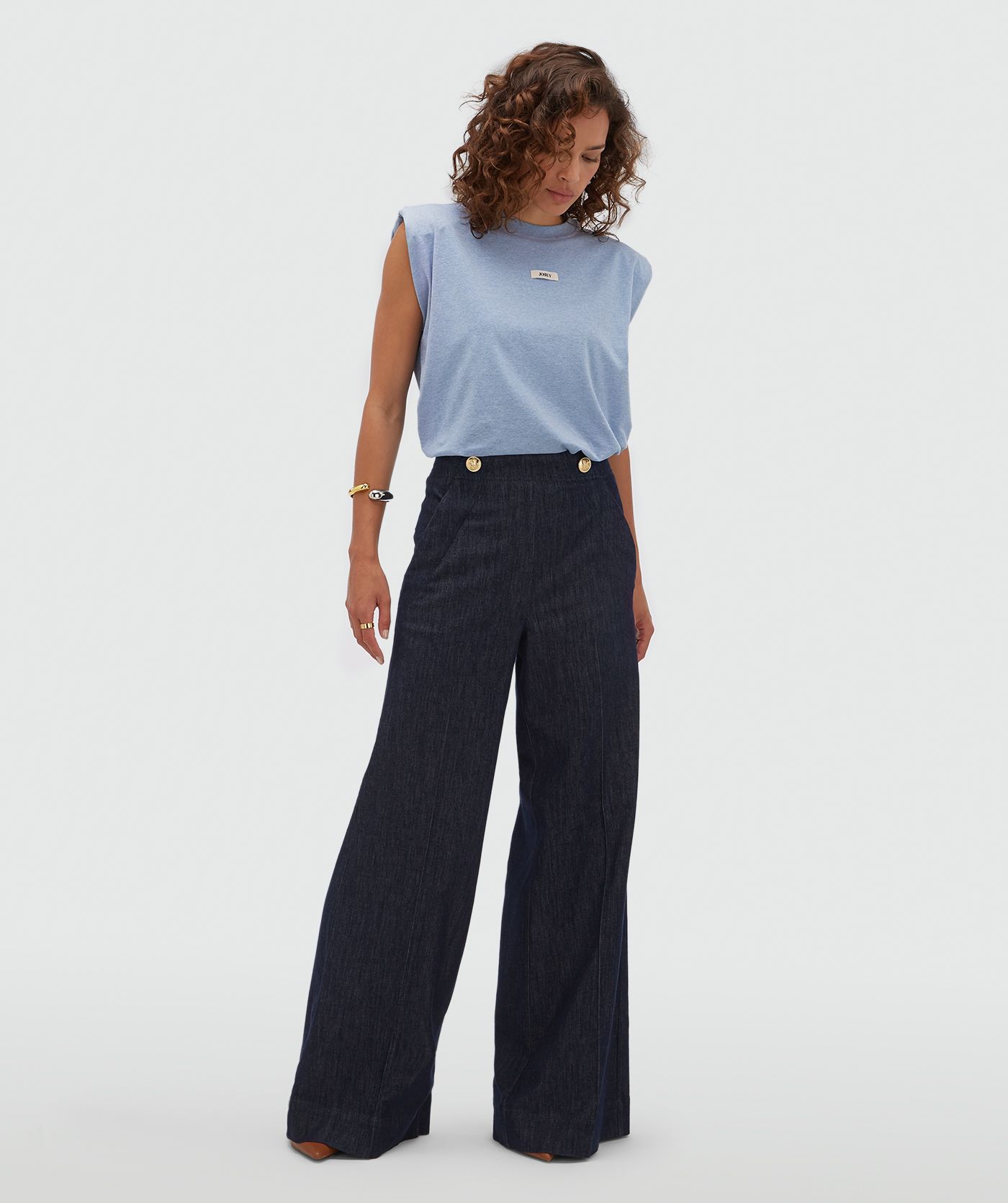 JV-INDRA high waisted wide leg pantalon - dark blue chambray