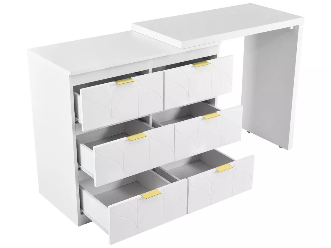 Coiffeuse pivotante contemporaine scandinave avec 6 tiroirs - décorée de motif fleuri - Blanc