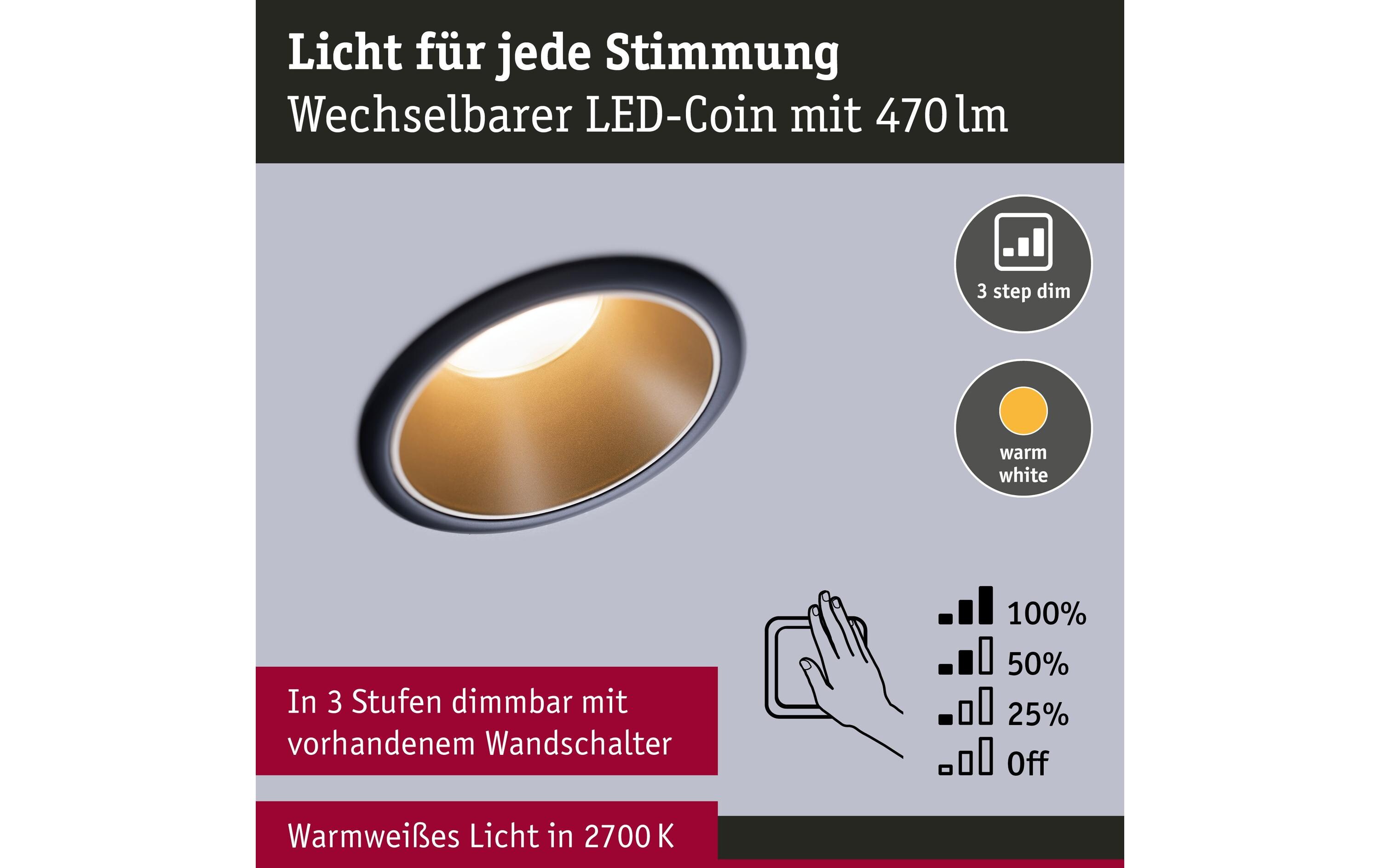 Einbauspot Cole Coin 3-Stepdim Set, 18W, 2700K, Schwarz/GoldLED Einbauspot 3-Step-Dim Basisset