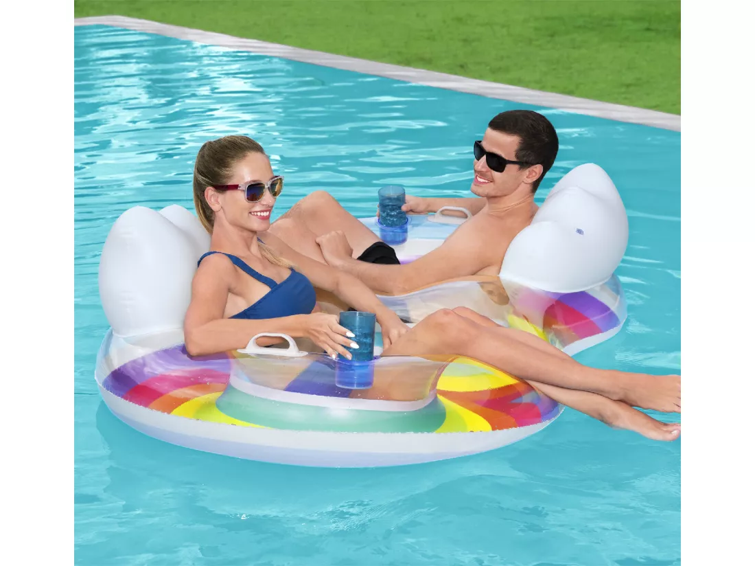 Bouée Gonflable Double pour Plage ou Piscine Bestway Rainbow Dreams Swin Tube 172x102 cm avec 2 Porte-Verres Multicolore