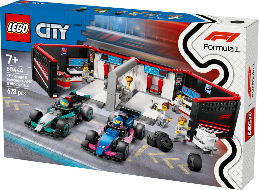 Formule 1 lego garage voor de lego en formule 1 faF1® garage met Mercedes-AMG en Alpine auto's 60444