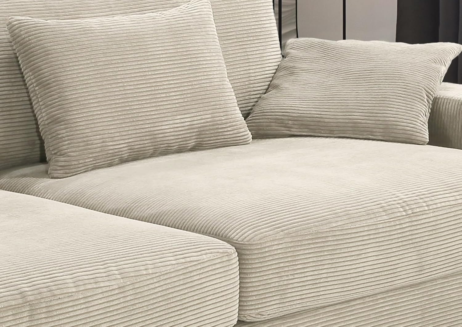 Großes Big-Sofa mit Bonellfederkern-Polsterung B290/T135/H90 cm, Lounge-Couch mit Rückenkissen und Zierkissen, weicher und robuster Trend-Bezug aus Cord in Beige Grau / 15251