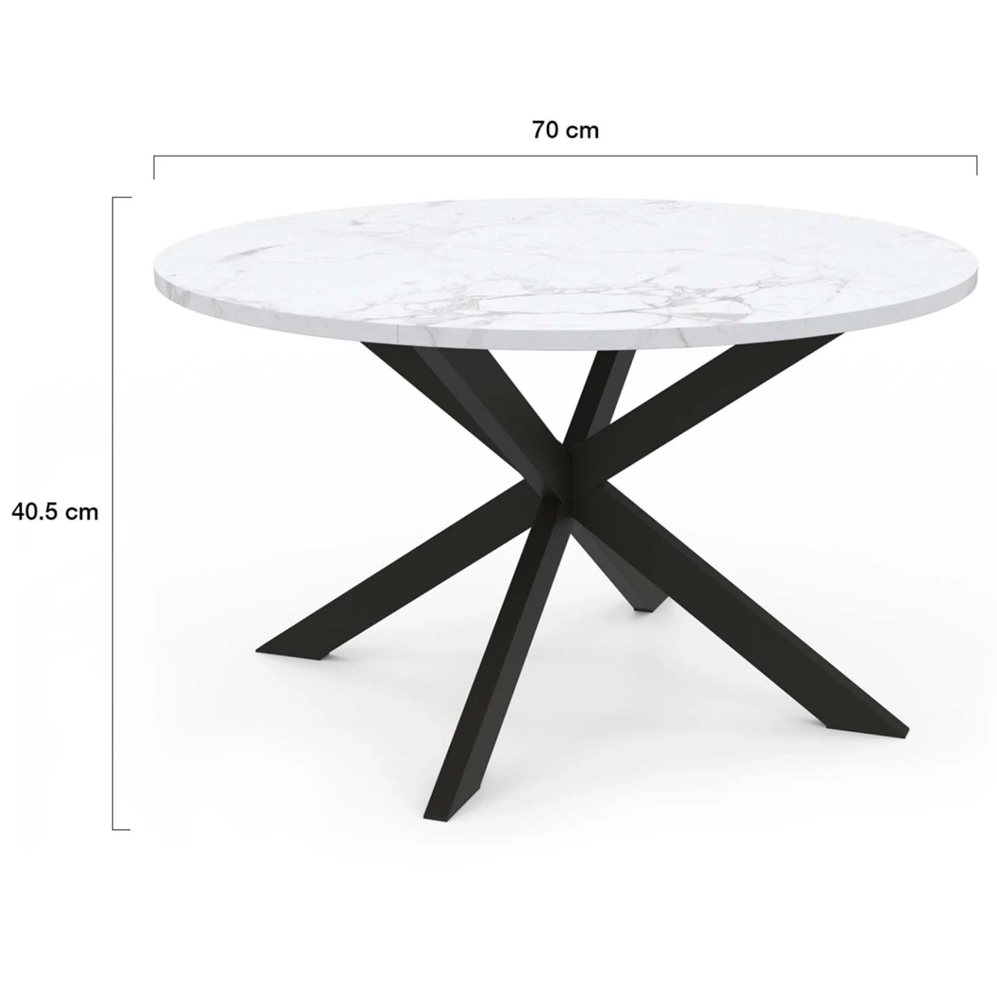 Table basse ronde ALASKA 70 cm plateau effet marbre blanc et  pied araignée métal noir