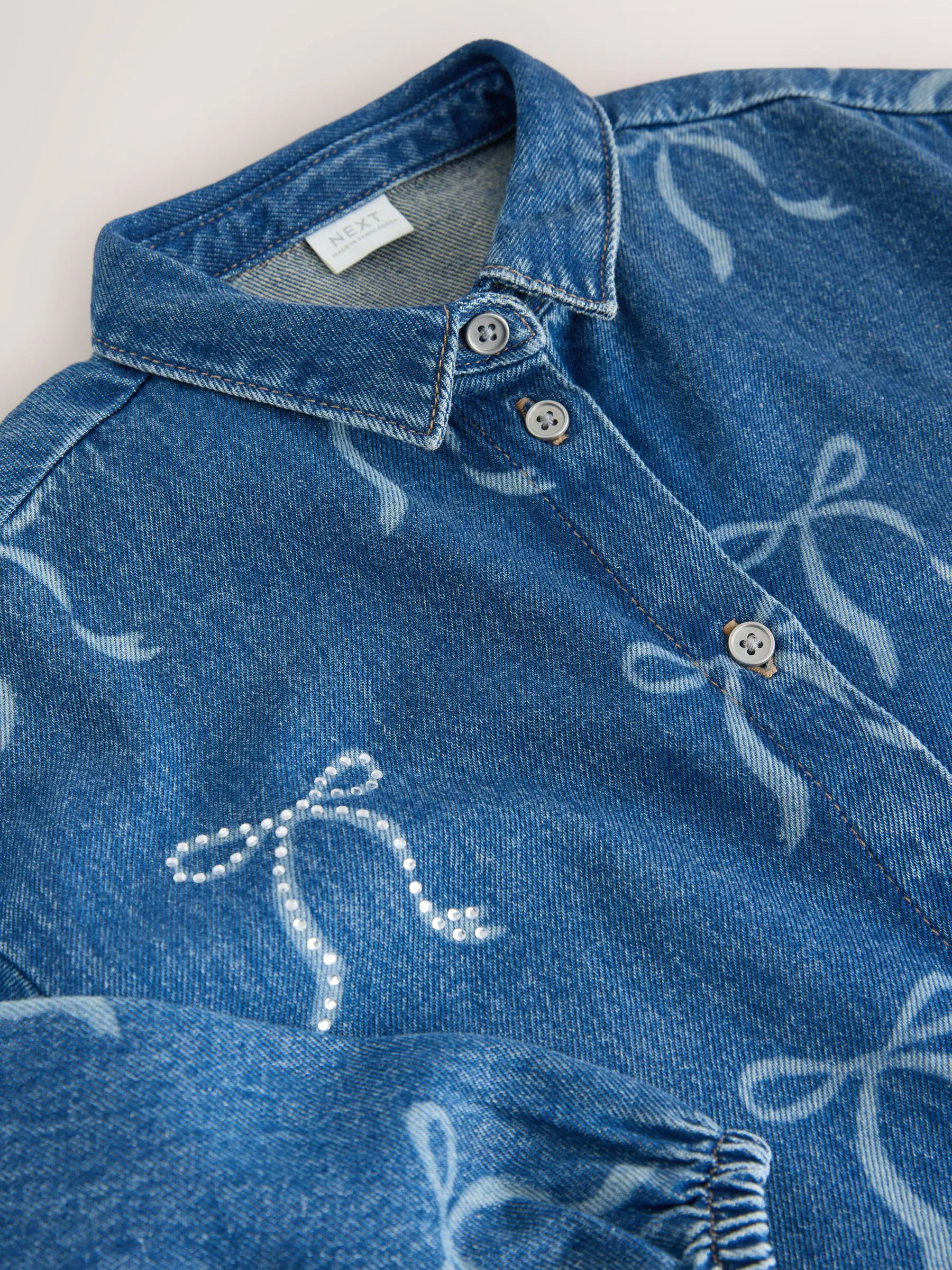 Blauwe denim - Strik Diamanté Overhemdjurk (3-16jr)
