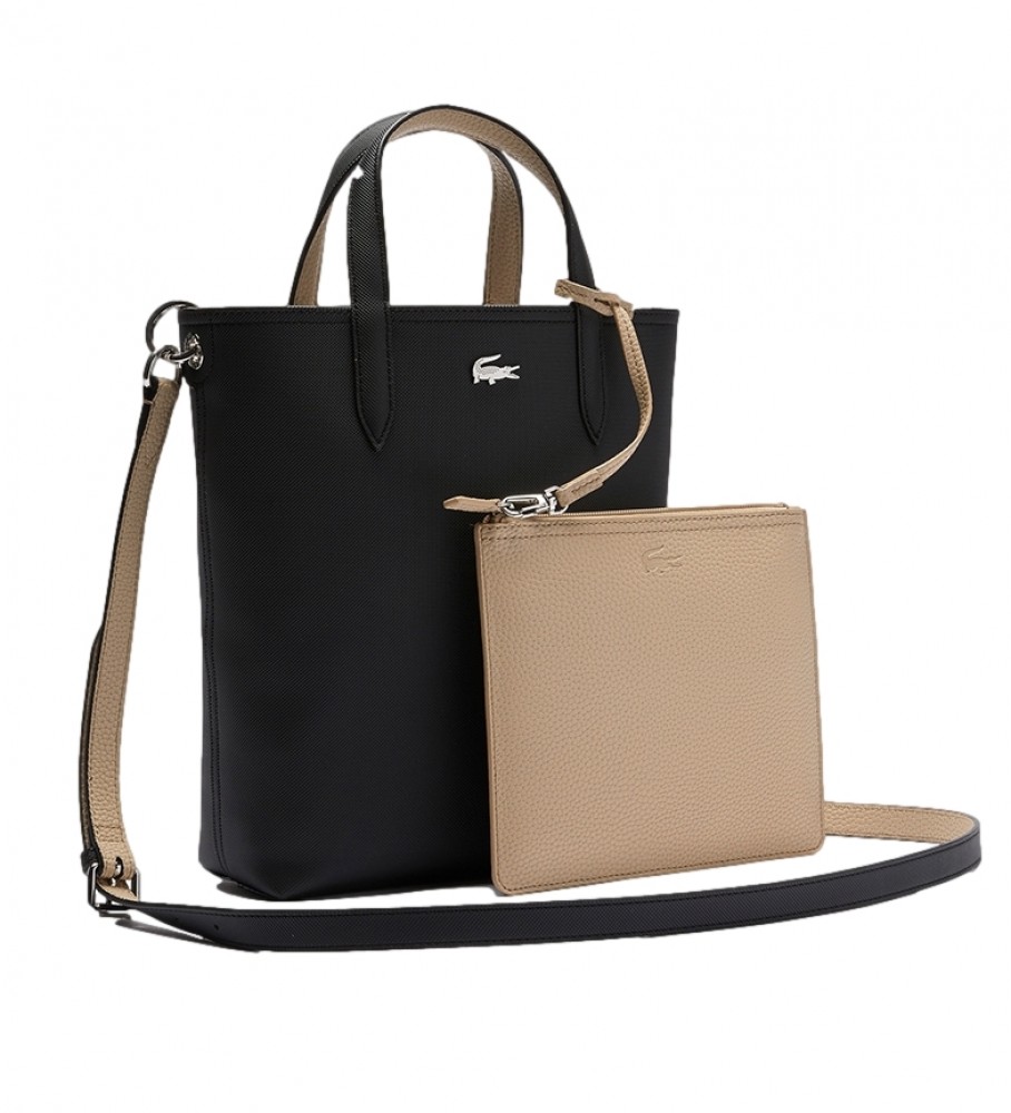 Bolsa tote reversível Lacoste NF2991AA preta e bege - 29 x 22 x 10 cm