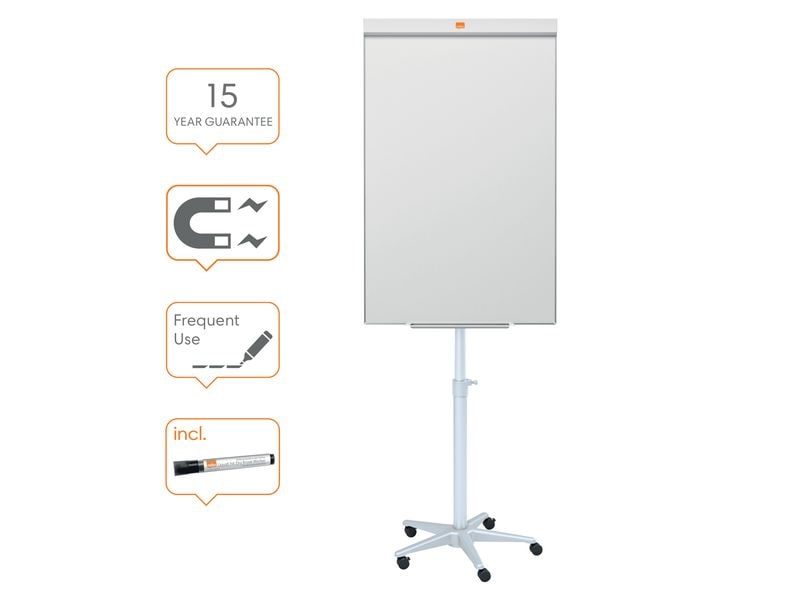 Nobo Impression Pro Flipchart Mobil Stahl, magnethaftend Die mobile Flipchart mit Stahloberfläche hat einen unscheinbaren Rahmen und eine Stiftehalterung.