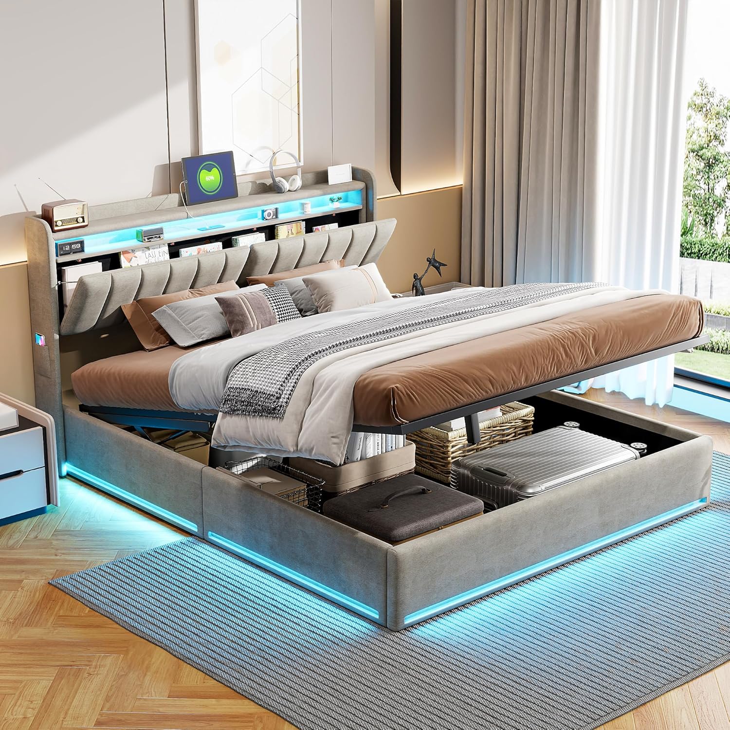 Polsterbett 140x200 cm,Doppelbett mit LED-Beleuchtung und Aufladen USB,Stauraumbetten mit Stauraum Kopfteil und Lattenrost,Jugendbett Stauraumbett Bettgestell,Bett mit Lattenrost (Grau, 140 x 200cm)