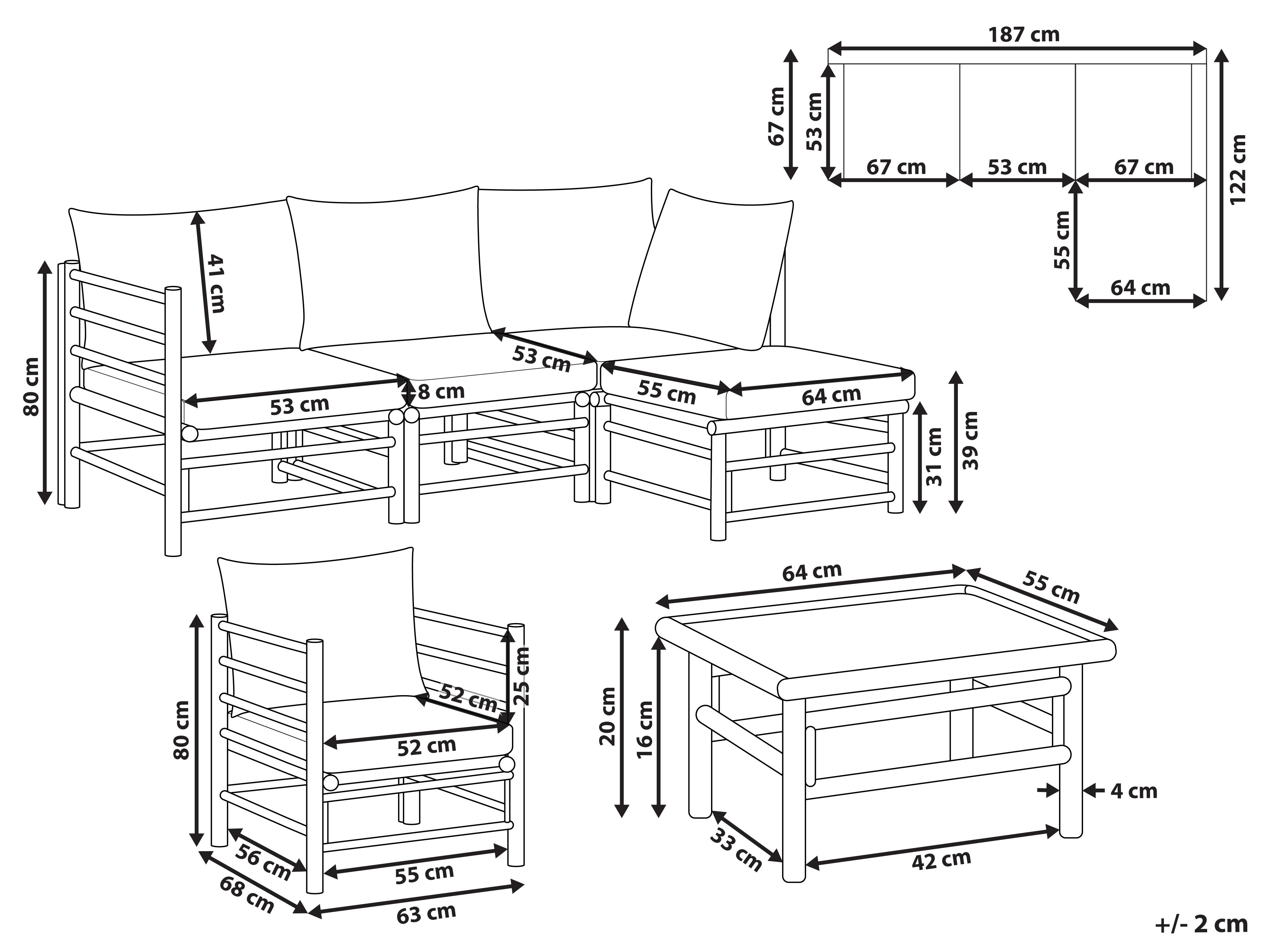 Loungeset met tafel 5-zits CERRETO linkszijdig Bamboehout Gebroken wit