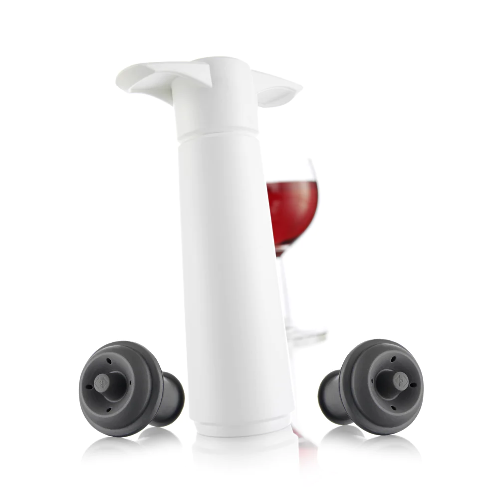 Pompe à vin blanche et 2 bouchons Vacuvin