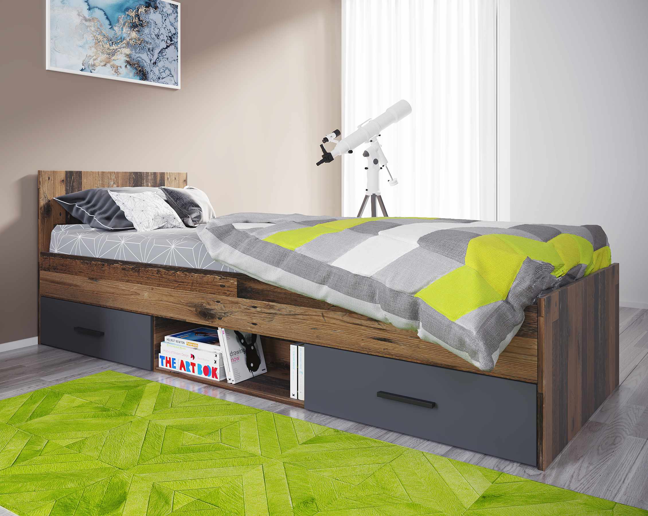 AI-SEN nonjoo-Teen Funktionsbett mit 2 Bettschubladen auf Rollen, mittig offenem Fach, Liegefläche 90 x 200 cm, ohne Lattenrost