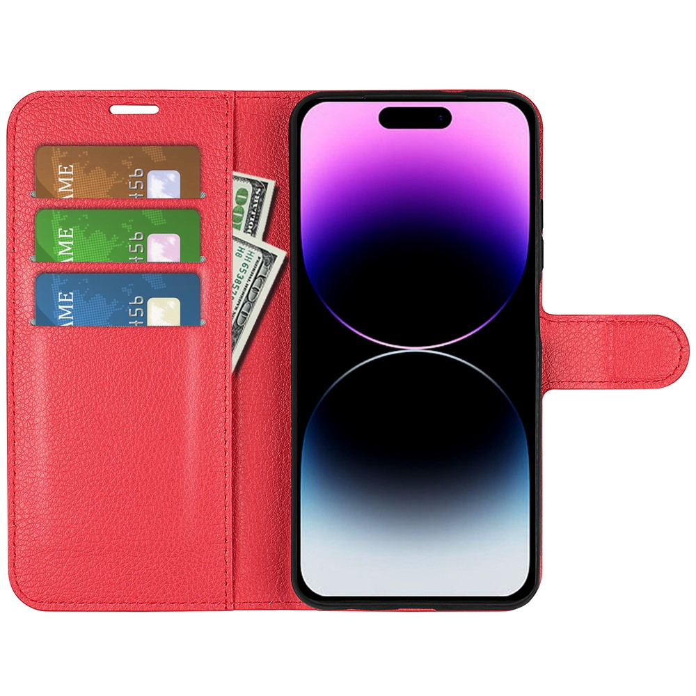 iPhone 15 Pro Max Leder Tasche Flip Cover Litchi Look - Rot