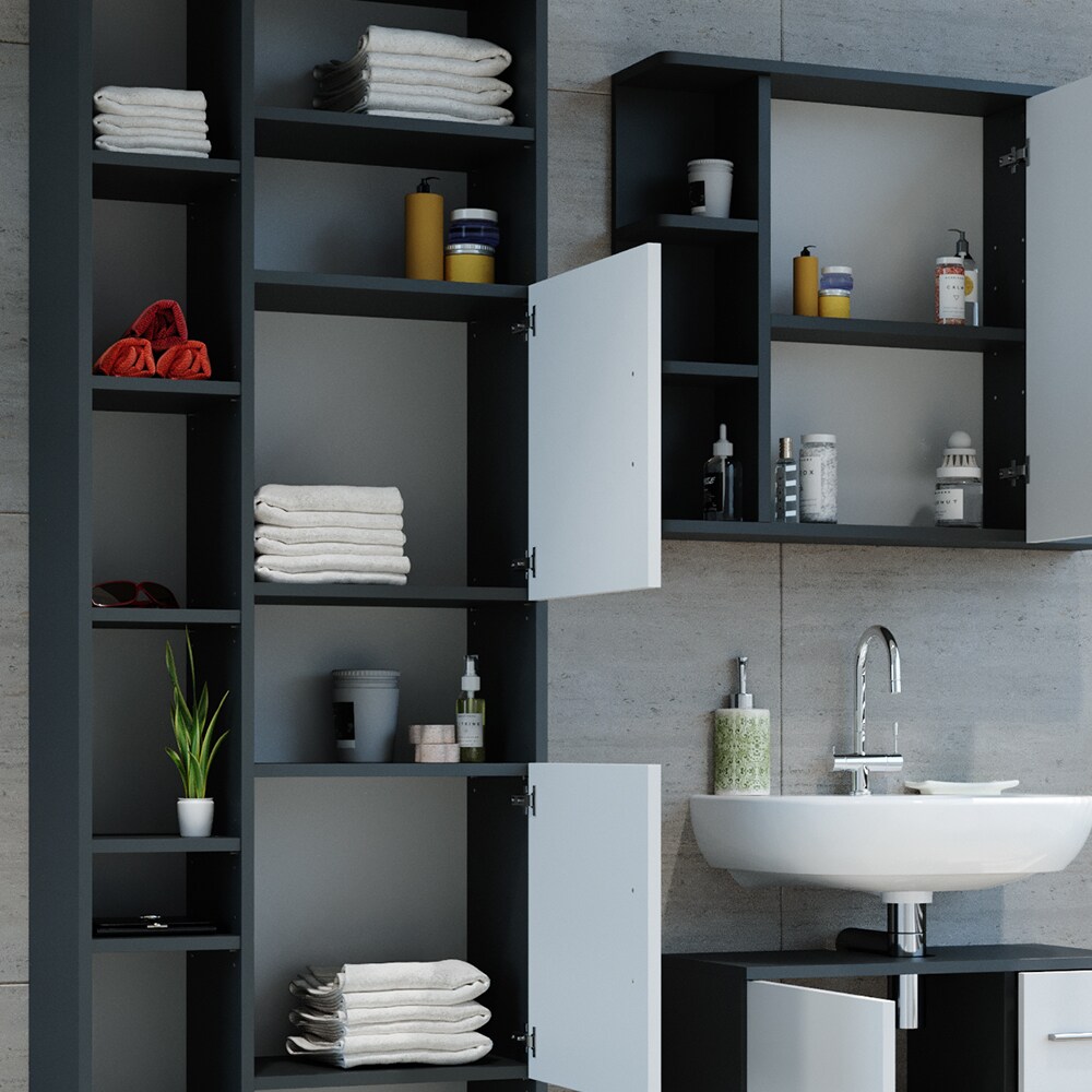 Badmöbel Set ILIAS Bad Spiegel Unterschrank Badschrank Hochschrank Spiegelschrank Weiß Anthrazit