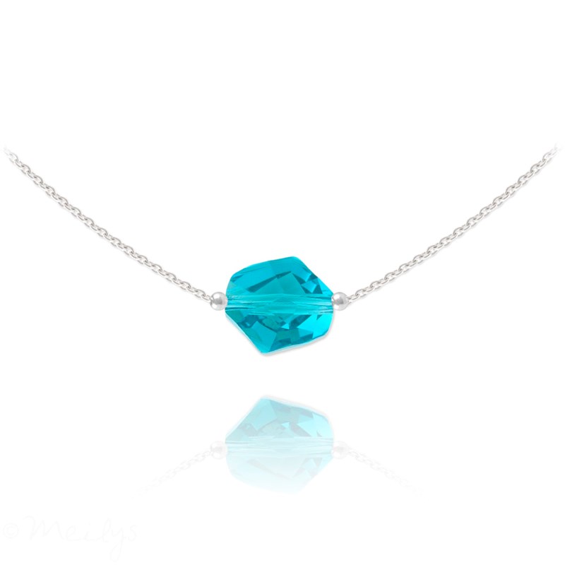 Collier ras du cou en argent 925 rhodié avec crystal bleu
