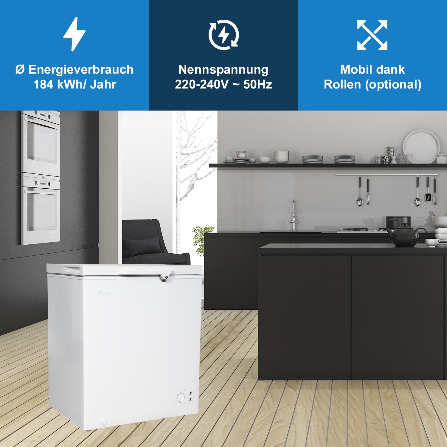 TroniTechnik® Gefriertruhe Kühltruhe BORGAR PRO mit 2in1 Gefrier- und Kühlfunktion | 160 Liter, 184kwh/Jahr, LED, Griff