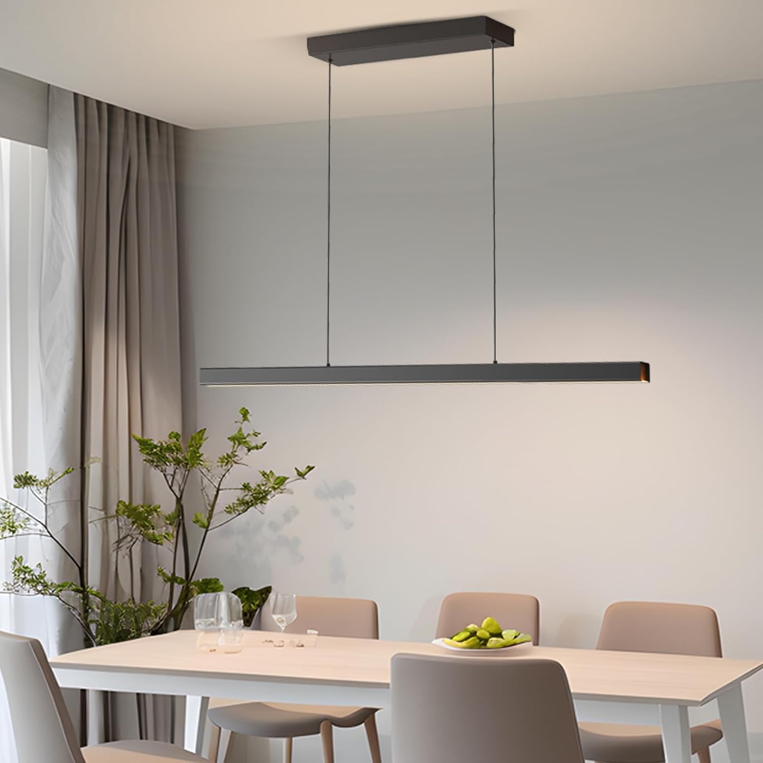 Moderne LED Esstisch Pendelleuchte, 3000K/4000K/6000K 10%–100% Farbtemperatur Linear Lampe Hängend, Dimmbar mit Fernbedienung Hängelampe für Küche, Wohnzimmer, Esszimmer, Schlafzimmer- Schwarz 120CM