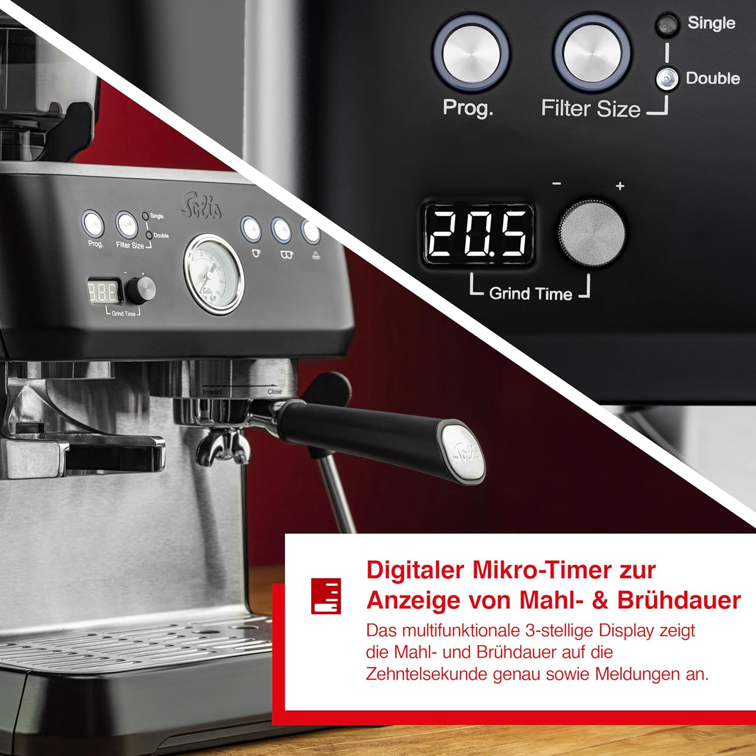 Solis Grind & Infuse PERFETTA Espressomaschine, Kaffeemaschine mit Mahlwerk und Milchaufschäumer, Halbautomatische Kaffeemaschine mit abnehmbaren Wassertank, Heißwasser- und Dampffunktion (Schwarz)