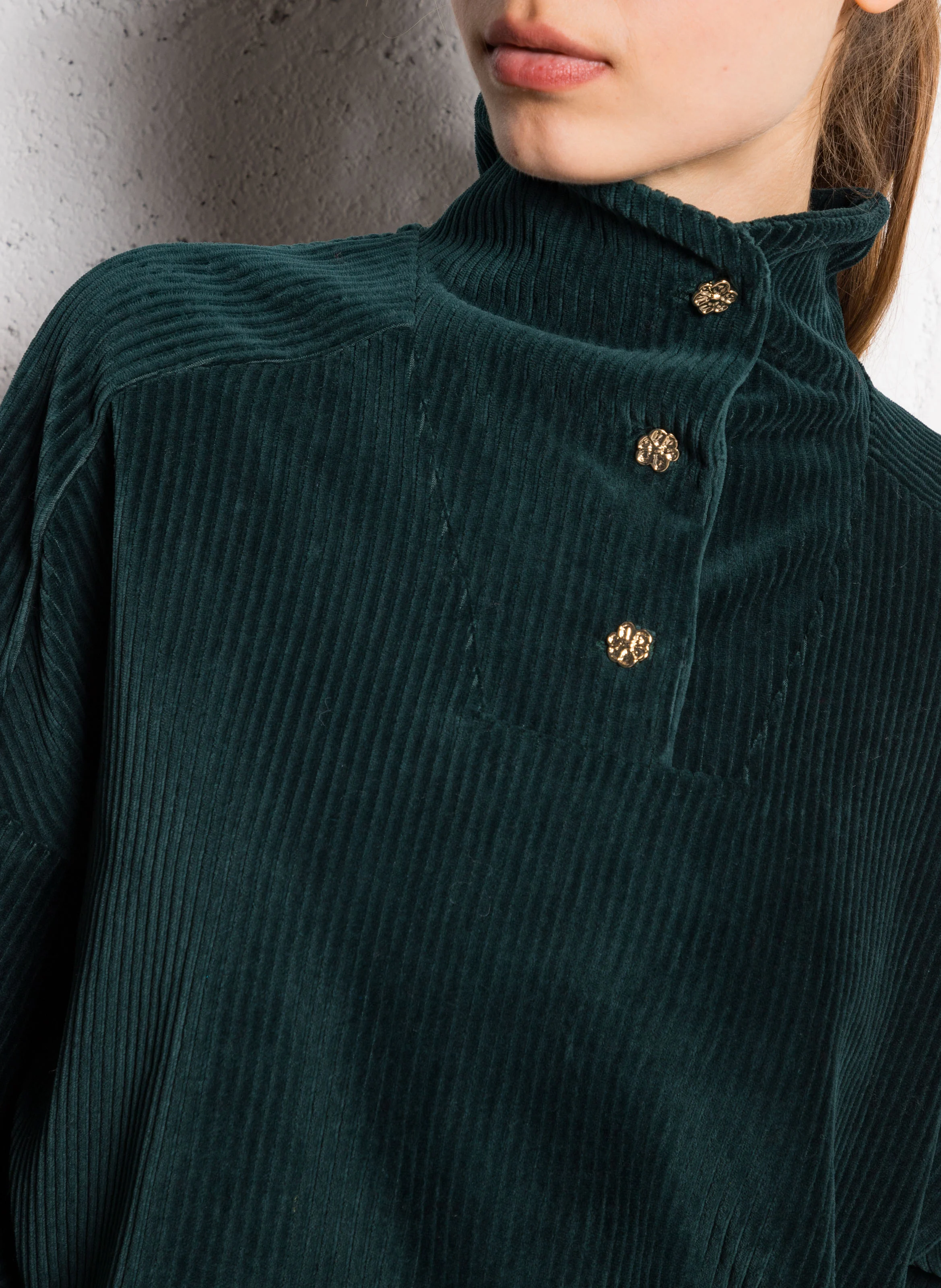 Sweat col montant boutonné en coton mélangé| Vert