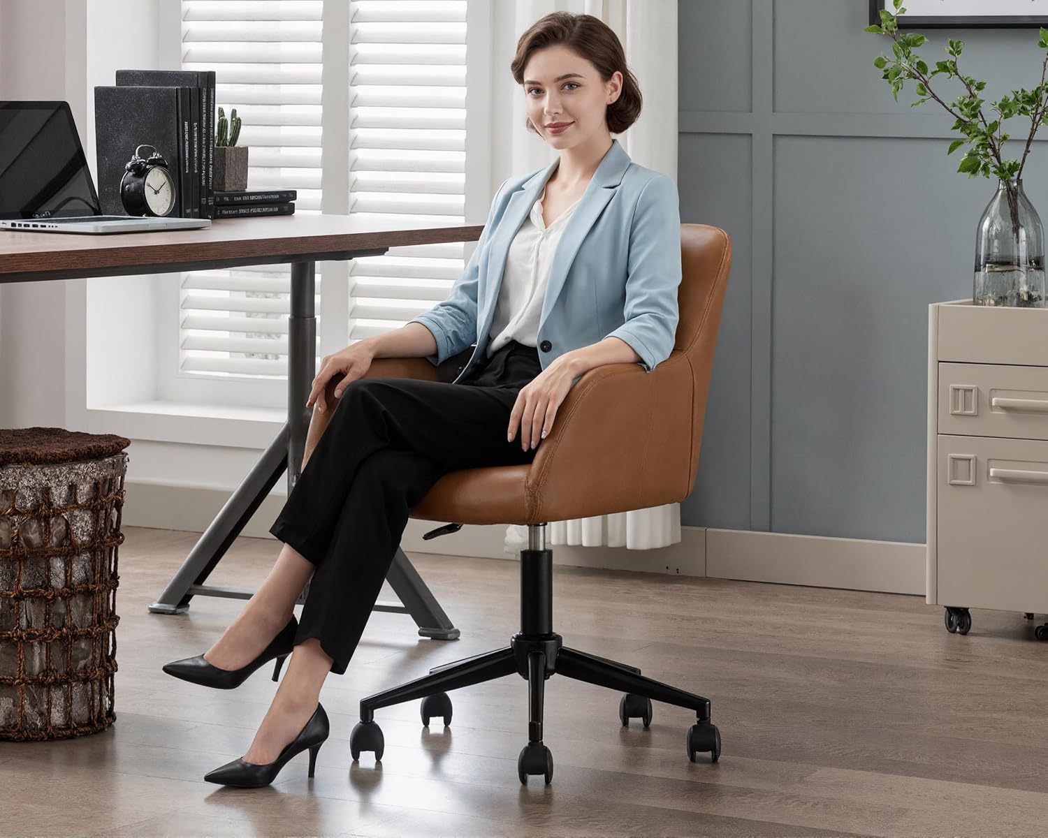 Bürostuhl PU-Kunstleder mit Rollen, Drehstuhl höhenverstellbar Schreibtischstuhl Dicker Rückenlehne Homeoffice Stuhl komfortabler für Arbeitszimmer, Schlafzimmer,Braun