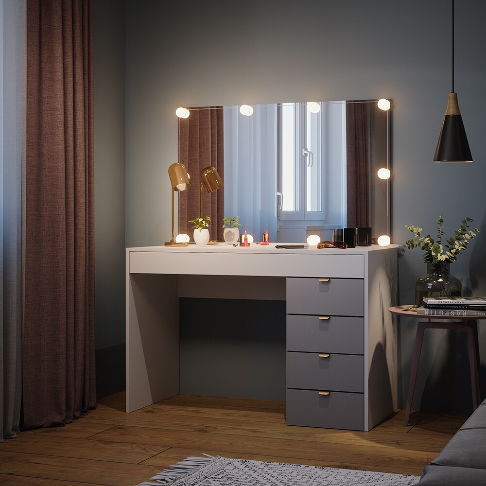 Vicco Schminktisch Elise Weiß Grau 115 x 76 cm modern Frisiertisch Schubladen Spiegel LED-Beleuchtung